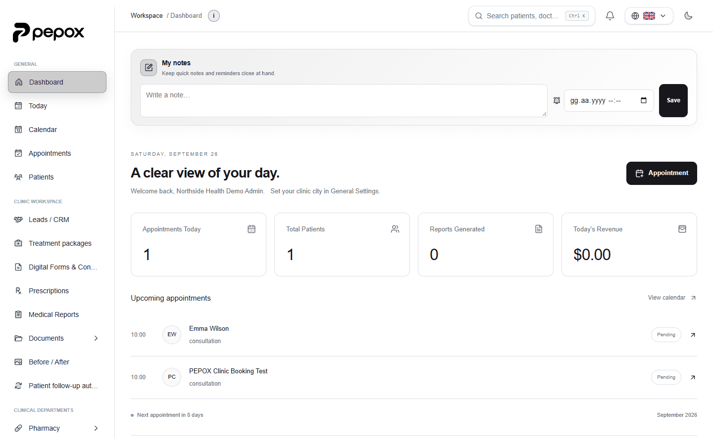 Healthcare clinic · PEPOX demo dashboard screenshot